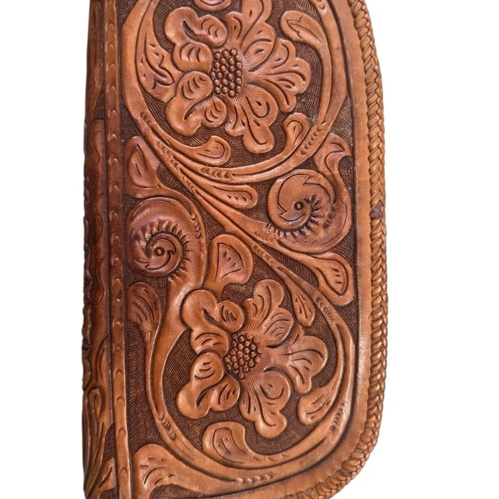 Vintage Circa 1960 Tooled Leather Brown Floral Clutch Wristlet
